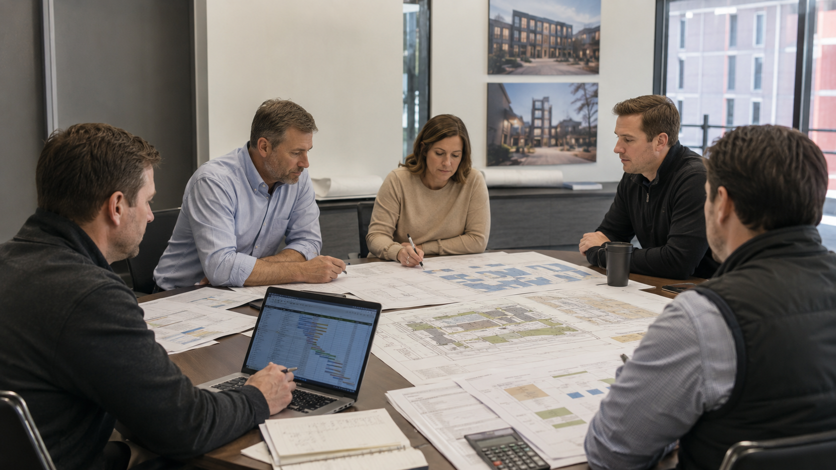 Madewell Built team reviewing project plans in conference room