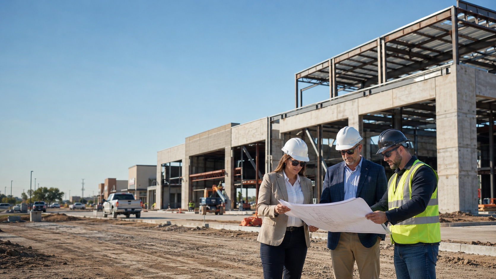 Madewell Built team reviewing blueprints at active mid-market construction site