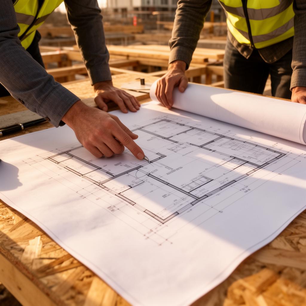 Developer and builder reviewing site plans on a construction site